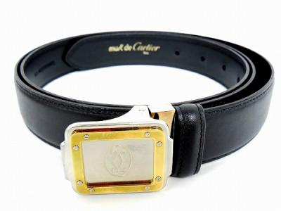 Cartier カルティエ サントス メンズ ベルト レザー 黒 ブラック シルバー ゴールド